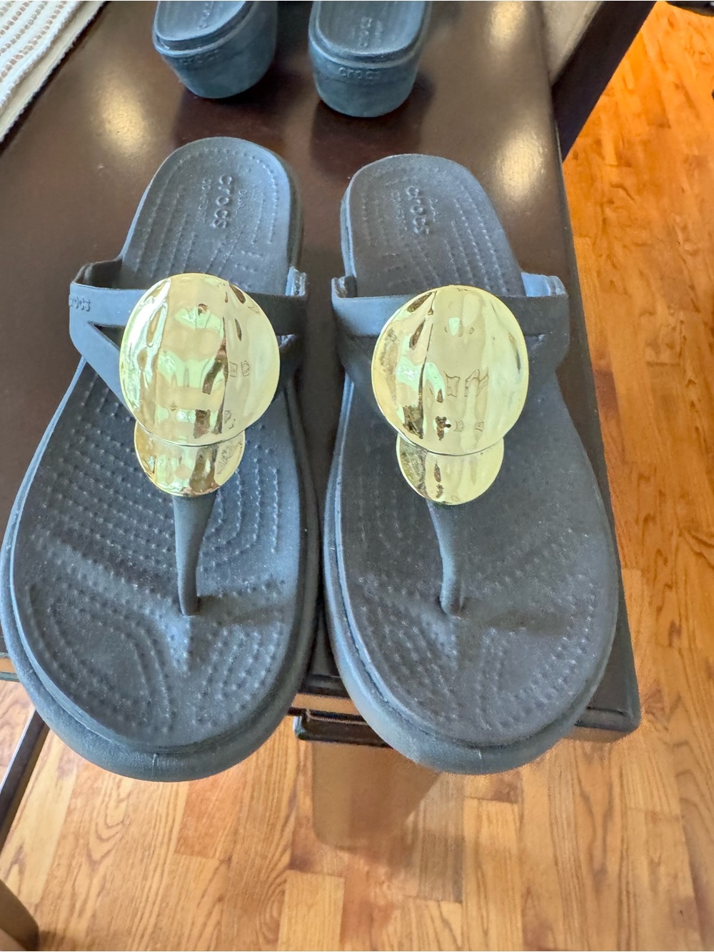 CROCS Brown Flip Sandals with Gold Discs
